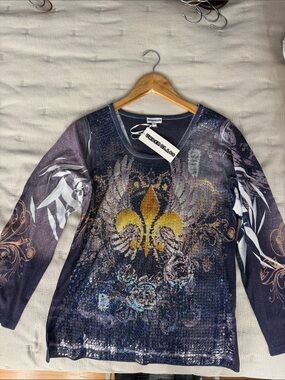 Navy Fleur-de-Lis Sequin Long-Sleeve Top